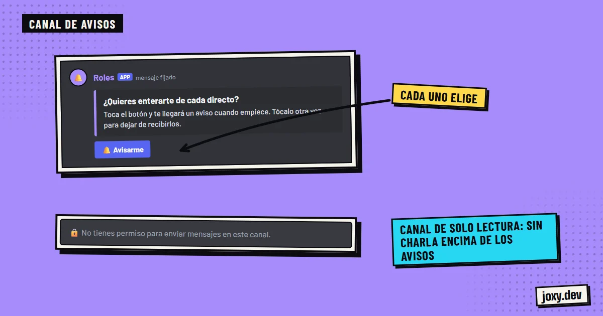 Mensaje con un botón para recibir el rol de notificaciones de directos, en un canal donde los miembros no pueden escribir.