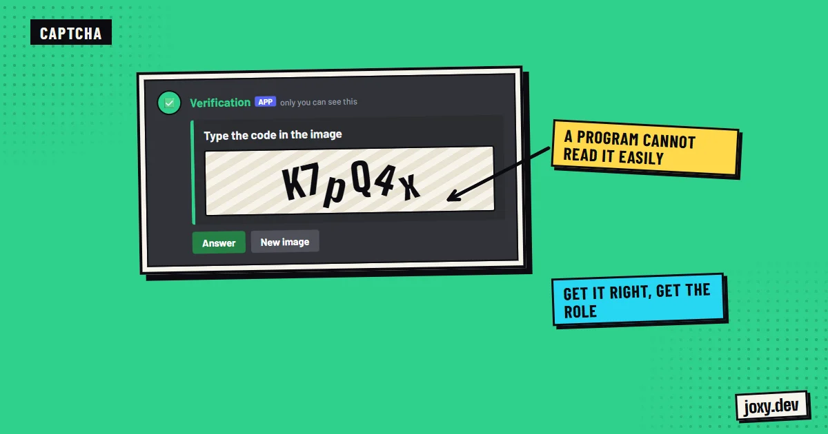 Message from a verification bot with a captcha: an image with a distorted code and a button to answer.