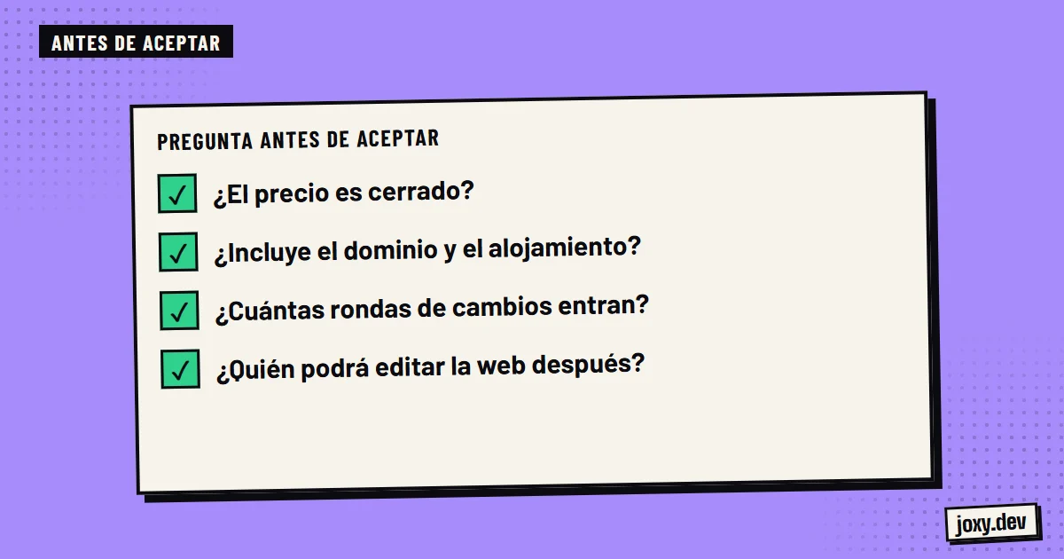 Cuatro preguntas antes de aceptar el presupuesto de una web: precio cerrado, dominio y alojamiento, rondas de cambios y quién la podrá editar.