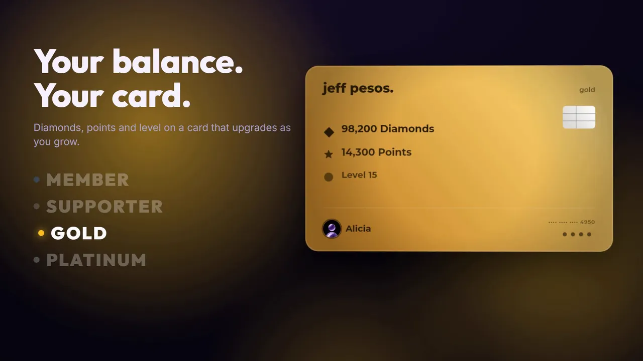 Tarjeta de saldo de Jeff Pesos con diamantes, puntos y nivel