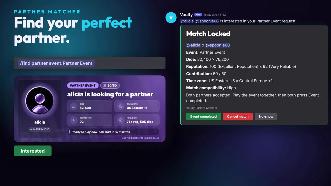 Buscador de compañeros de Vaulty con una pareja confirmada