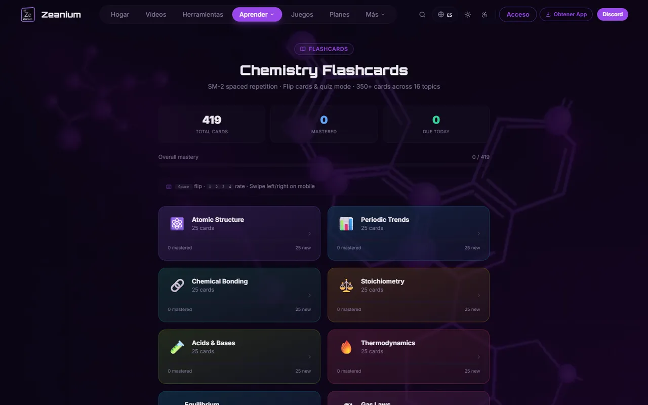 Tarjetas de estudio de química en Zeanium