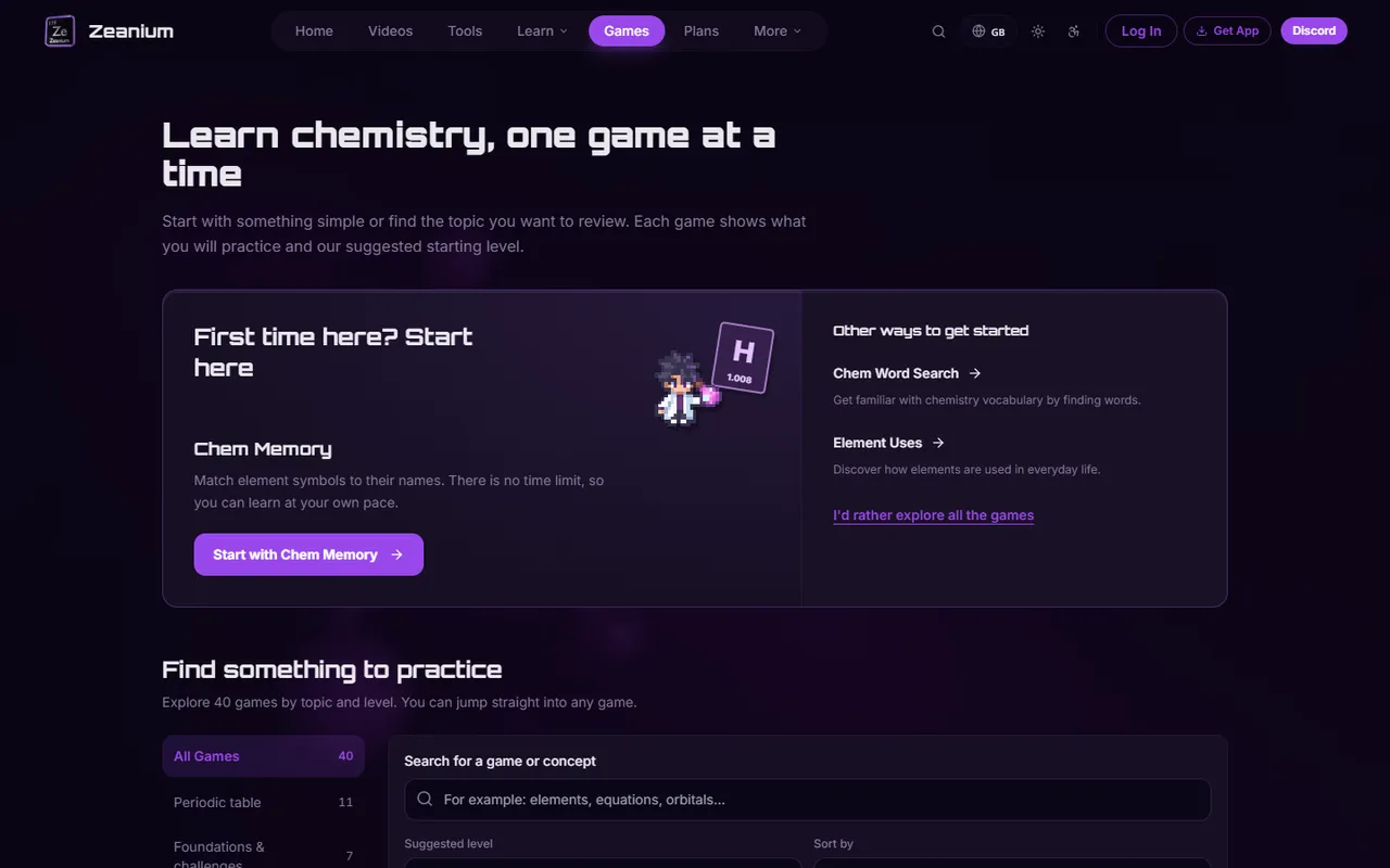 Zeanium chemistry games page