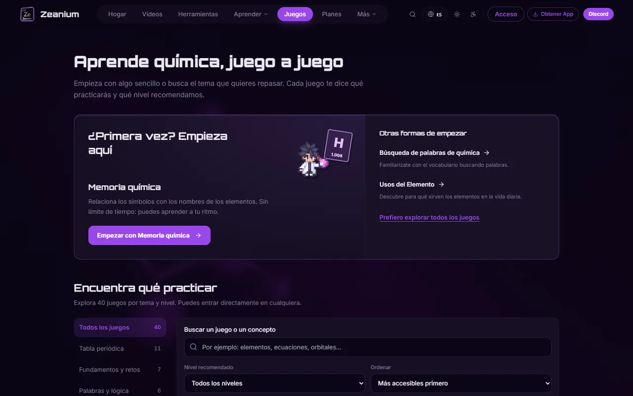 Página de juegos de química de Zeanium