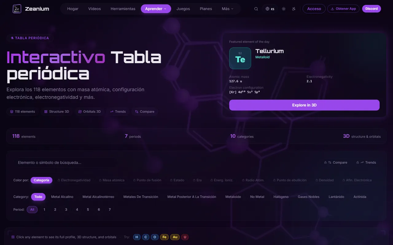 Tabla periódica interactiva de Zeanium