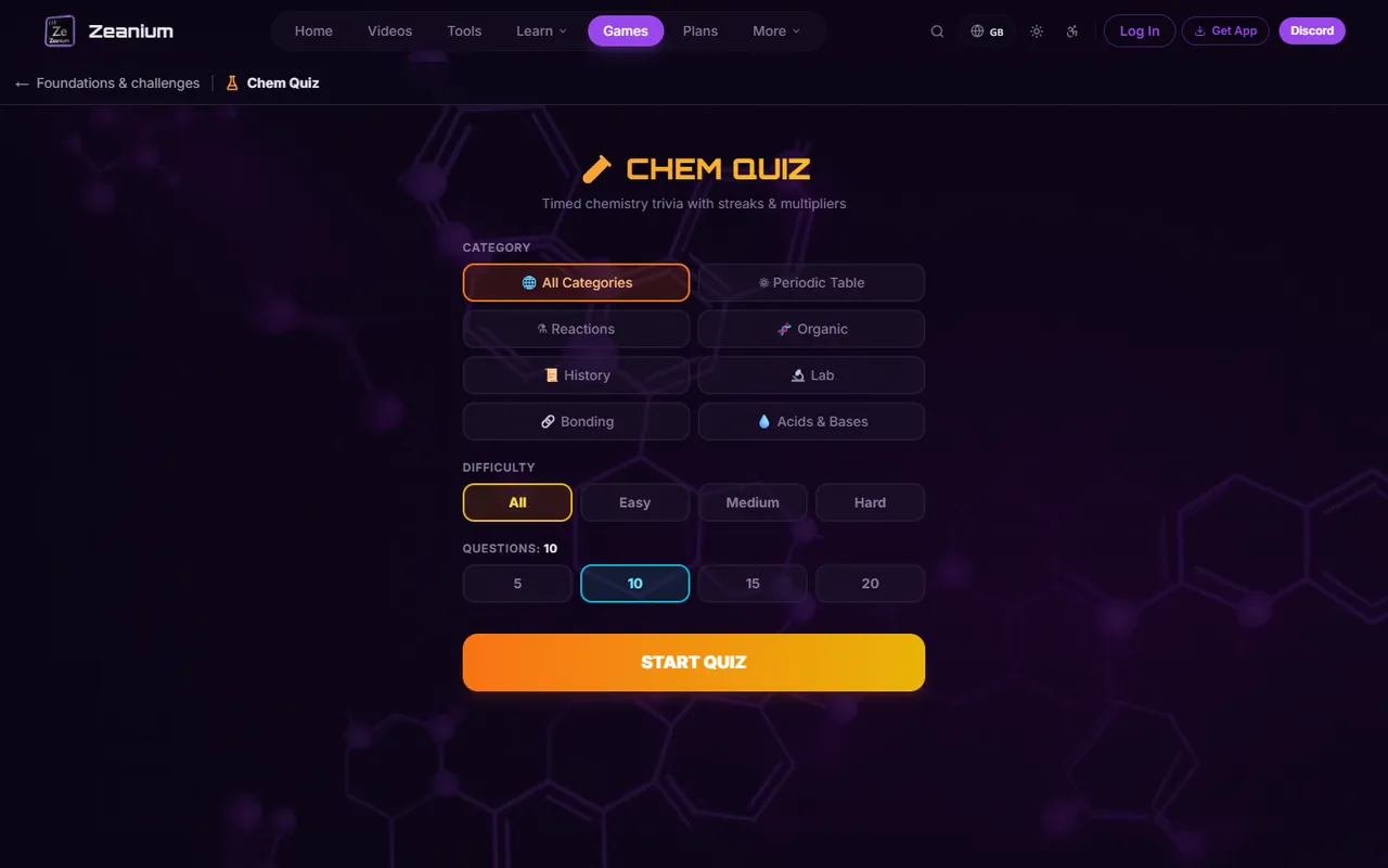 Timed chemistry quiz on Zeanium