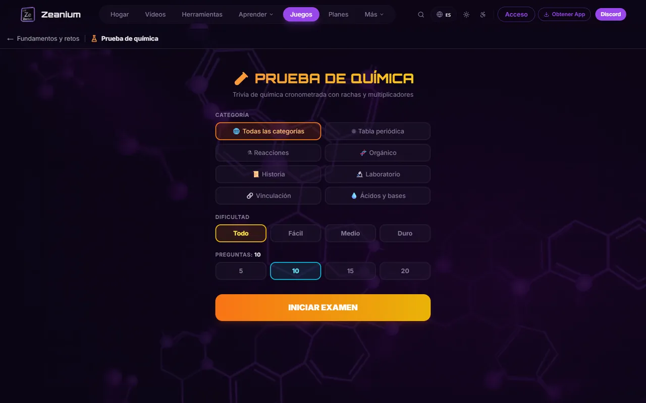 Prueba de química cronometrada en Zeanium